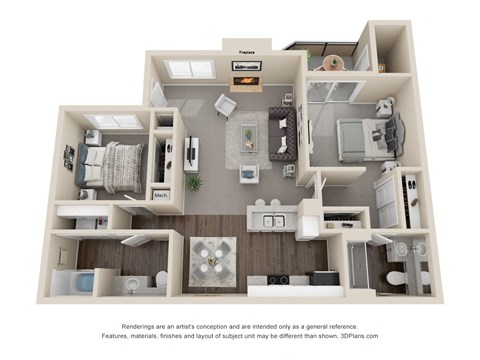 Floor plan for 2 beds, 2 baths, 1125 sqft